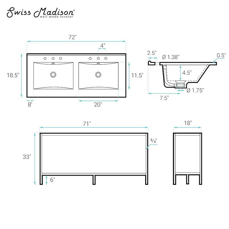 72 Double, Freestanding, Open Shelf, Matte Black Metal Frame Bathroom Vanity image number 6