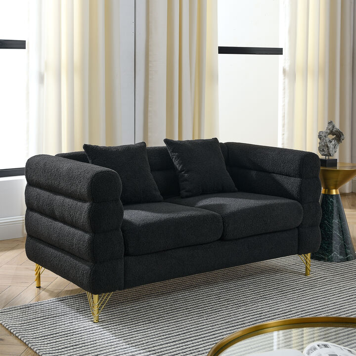 60Inch Oversized 2 Seater Sectional Sofa, Living Room Comfort Fabric Sectional Sofa Deep Seating Sectional Sofa, Soft Sitting with 2 Pillows for Living Room, Bedroom, Office, Black teddy(W834S)