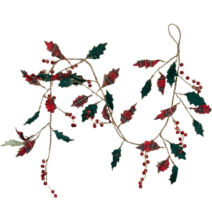 5' Green and Red Plaid Holly with Jingle Bells Christmas Garland - Unlit