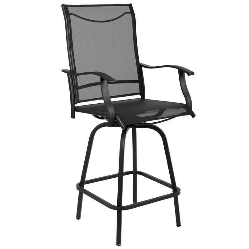 Flash Furniture Valerie Patio Bar Height Stools Set of 2, All-Weather Textilene Swivel Patio Stools with High Back & Armrests in Black