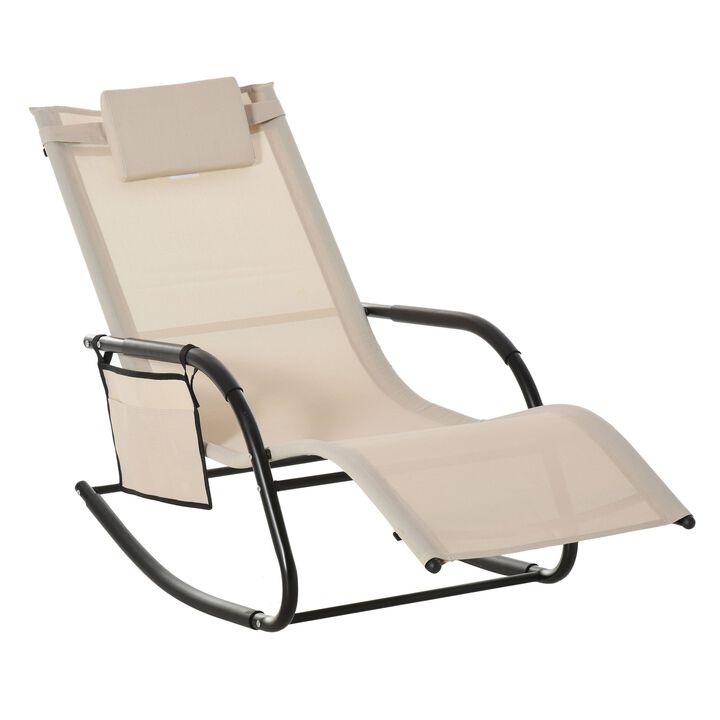 Outdoor Rocking Chair, Patio Sling Sun Lounger, Recliner Rocker, Lounge Chair with Detachable Pillow for Deck, Garden or Pool, Cream White