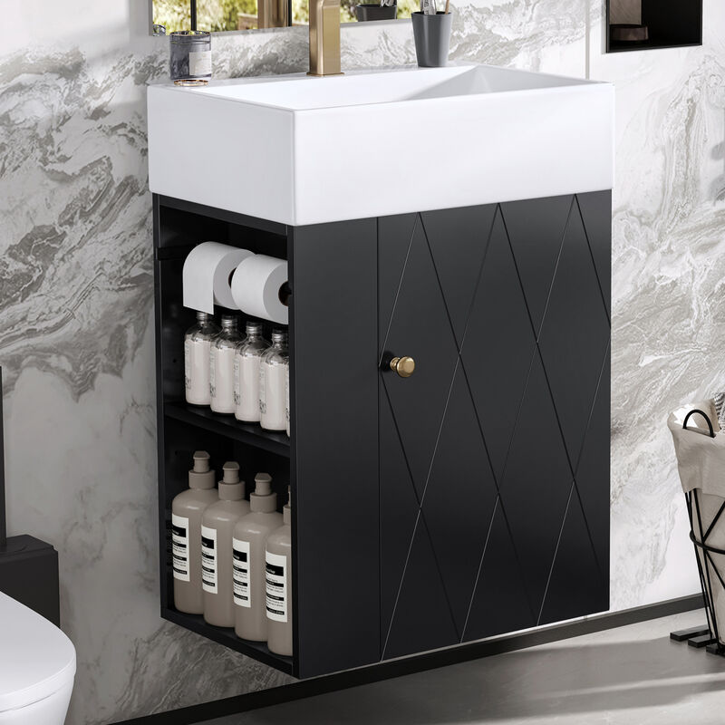 ELEMENT ACE Compact 20-Inch Bathroom Vanity with Diamond Pattern Door Design and Side Storage Shelves for Small Space Organization image number 1