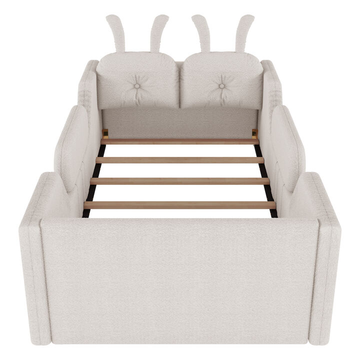 Whisen Twin Size Upholstered Floor Bed with Rabbit Cushion, Kids Platform Bed with Removable Side Rails