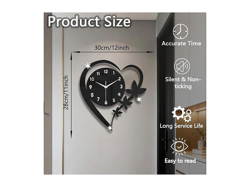 Heart Shape Acrylic Wall Clock Silent Non Ticking Modern Battery Operated image number 3
