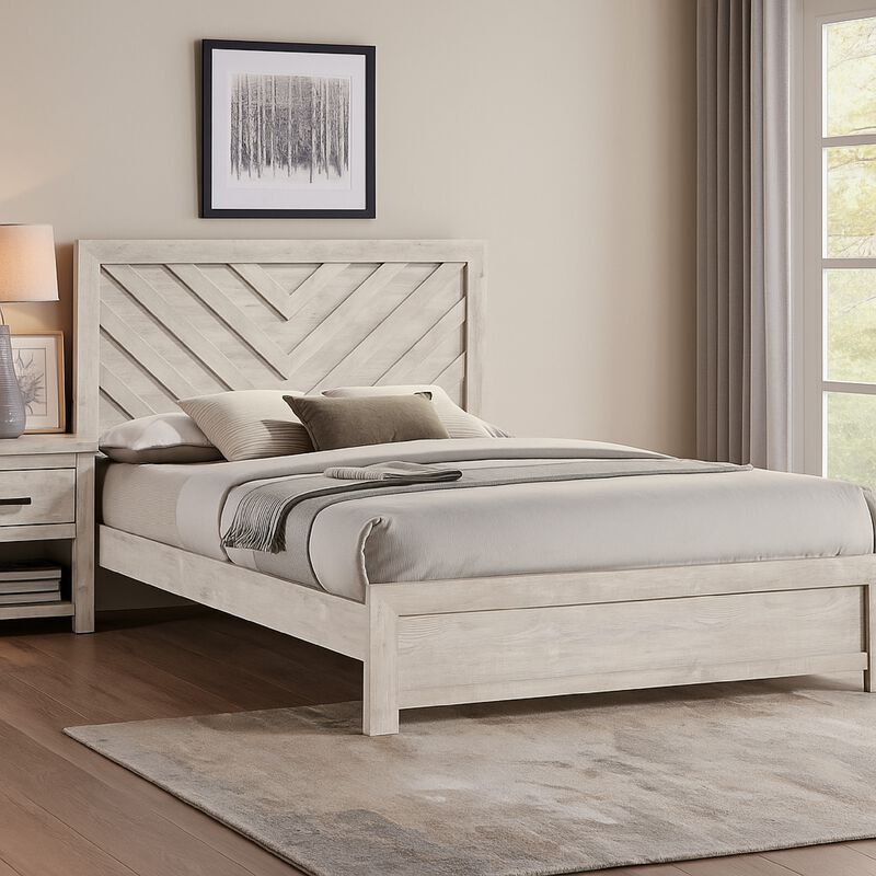 Velz King Size Bed w Chevron Patterned Headboard, Beige Wood Finish
