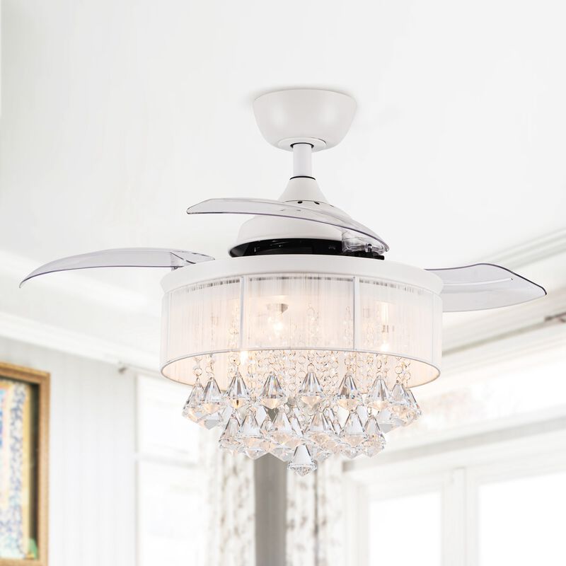 36 in. White Retractable 3 Blades Crystal Ceiling Fan Chandelier with Remote