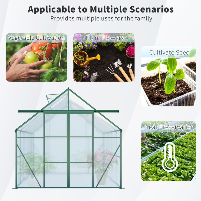 8x8 FT Double Door Polycarbonate Greenhouse Raised Base&Anchor Aluminum Duty Walk-in Greenhouses image number 5