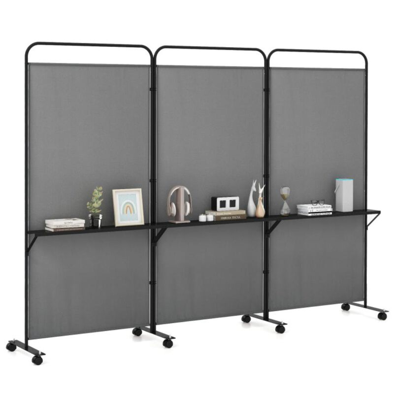 Hivvago 3-Panel Folding Room Divider with 3 Metal Shelves and Lockable Wheels
