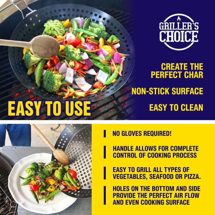 Griller's Choice Grill Basket - Large Non-Stick Commercial Skillet With Handle For Outdoor Grilling.