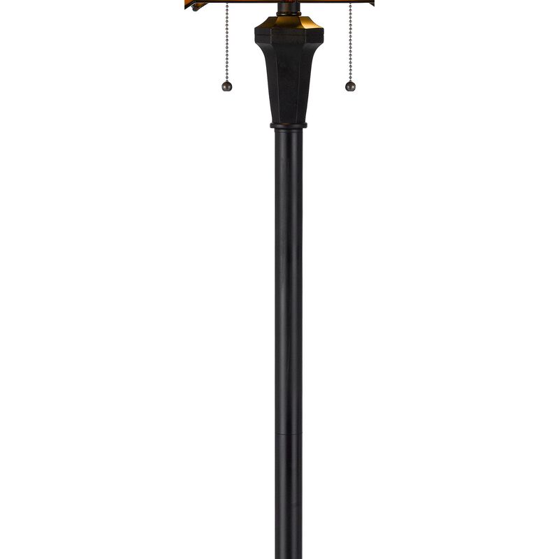 Eli 60 Inch Floor Lamp, Hexagonal Tiffany Style Shade, Dual Light, Bronze - Benzara