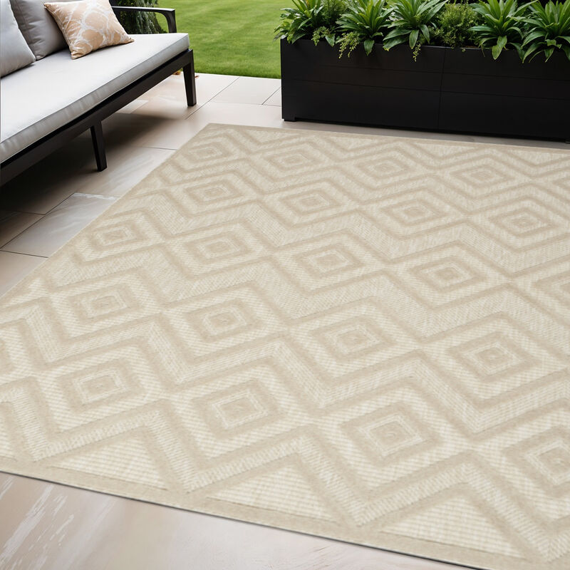 HomeRoots 5' X 7' Cream And Beige Geometric Indoor Outdoor Area Rug image number 1