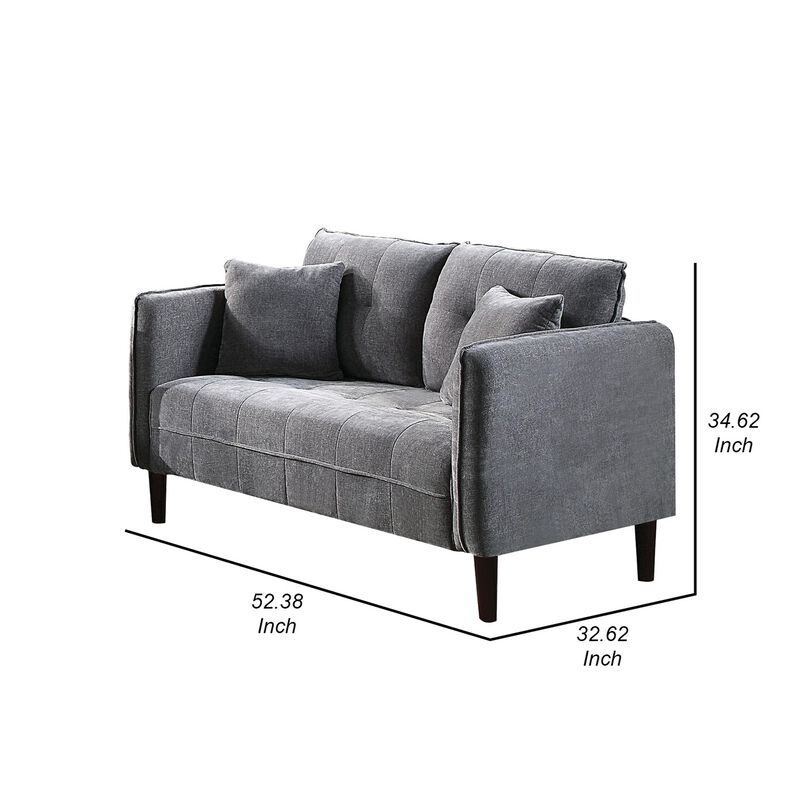 Hak 52 Inch Loveseat, Rounded Curved Arms, Biscuit Tufting, Wood Legs, Gray - Benzara
