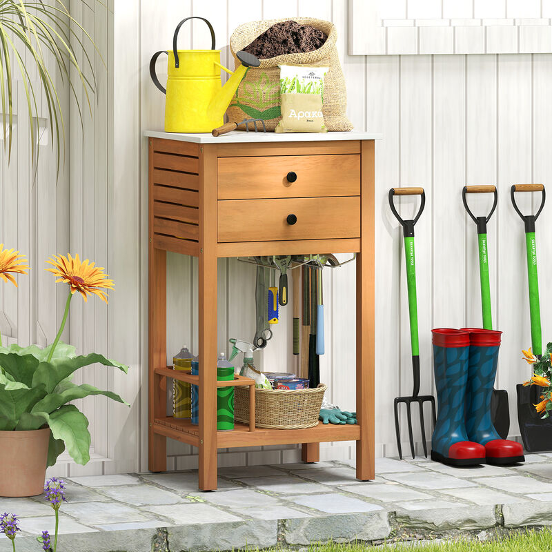 Patio Bar Table Storage Cabinet with Acacia Wood Frame and Faux Marble Top-Natural image number 4