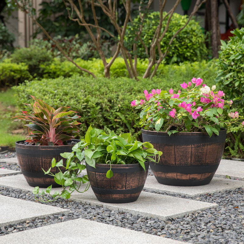 Brown Outdoor Rustic Half Barrel Flower Garden Planter Bowl, Plastic, Small