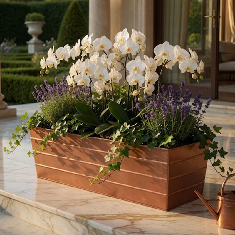 Rectangular Metal Flower Planter Box with Embossed Line Design, Large, Copper image number 1