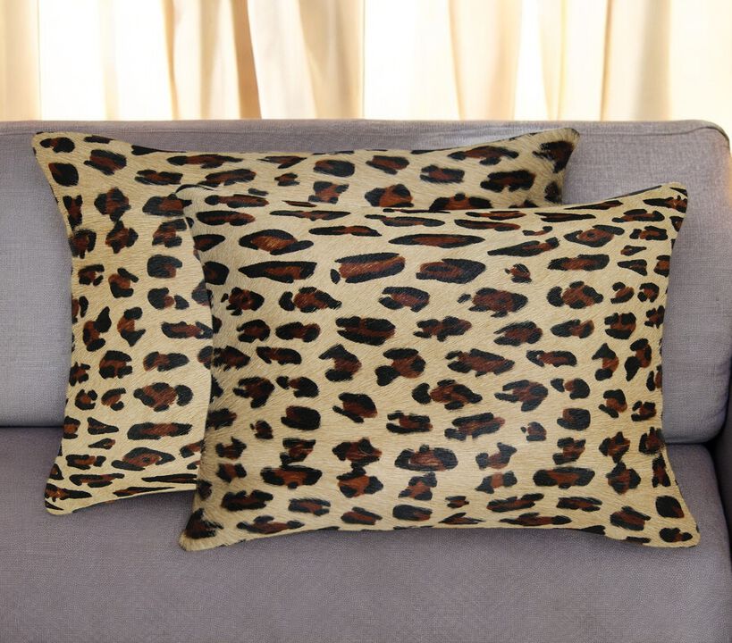 HomeRoots Set of Two 12" X 20" Brown and Black Leopard Cowhide Lumbar Throw Pillows