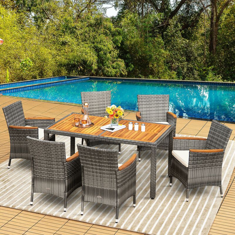 7 Pieces Patio Acacia Wood Cushioned PE Rattan Wicker Dining Set