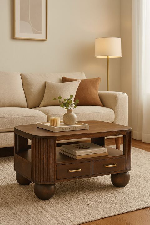 Artisan Furniture Solid Wood Sphere Leg Coffee Table,Ball Feet,Brown with 2-Drawers,1-shelf