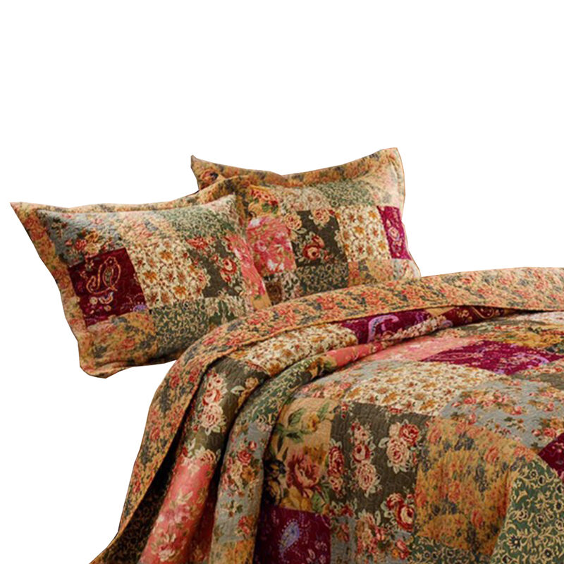 Kamet 3 Piece Fabric Queen Size Bedspread Set with Floral Prints,Multicolor - Benzara