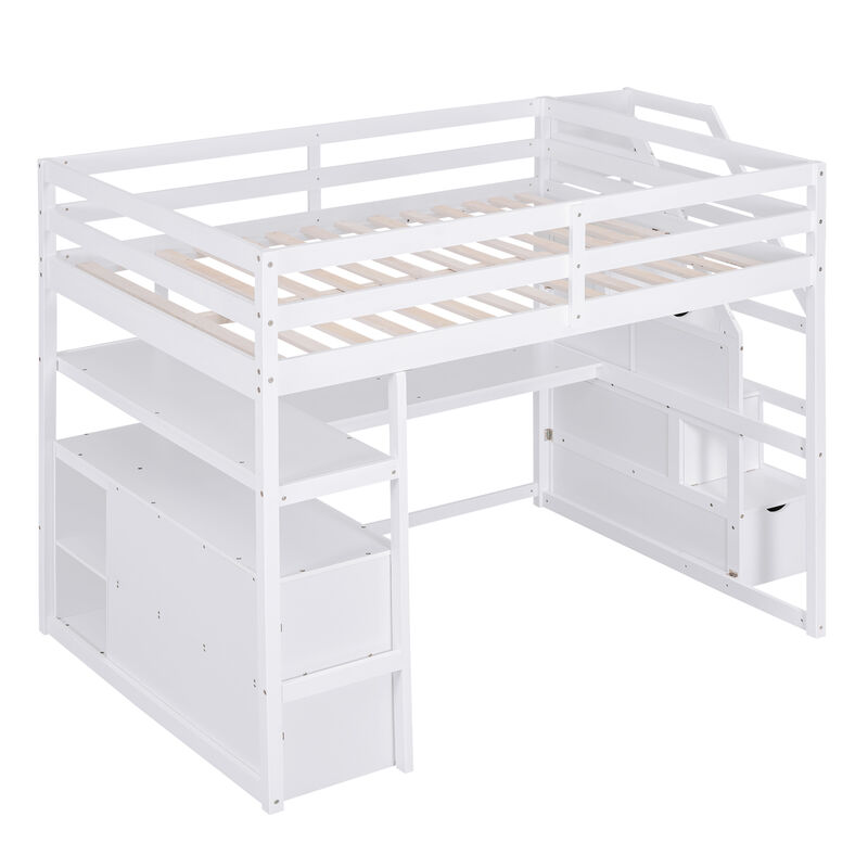 Merax  Loft Bed with Desk and Shelves, Two Built-in Drawers