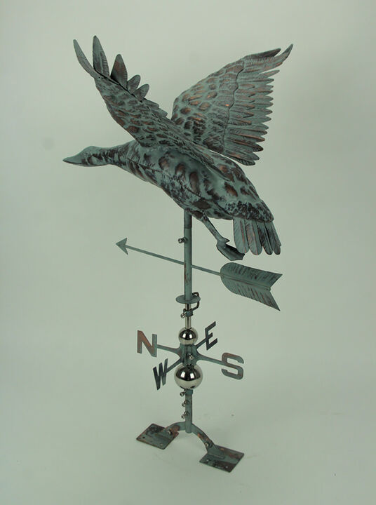 Verdigris Patina Metal Flying Duck Weathervane with Roof Mount