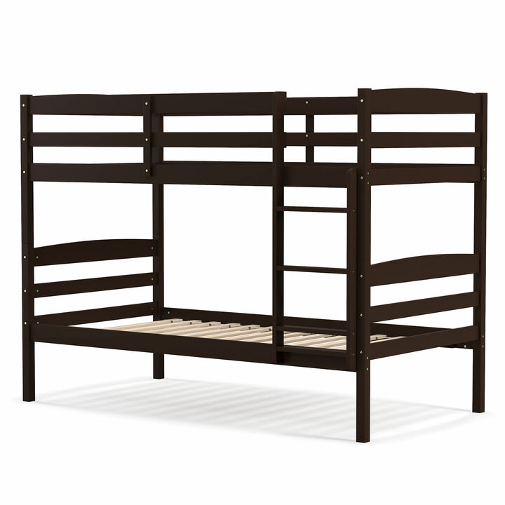 Solid Wood Twin Over Twin Bunk Bed Frame with High Guardrails and Integrated Ladder-Espresso
