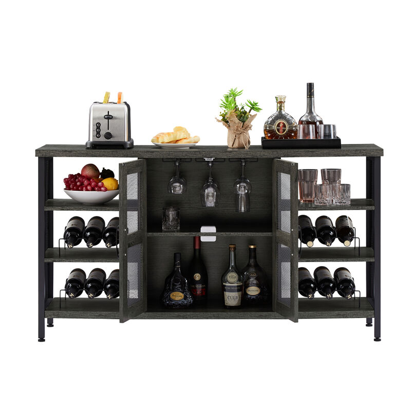 Industrial Wine Bar Cabinet, Liquor Storage Credenza, Sideboard with Wine Racks & Stemware Holder (Dark Grey, 55.12" w x 13.78" d x 30.31" h)