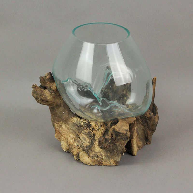 Large Molten Glass Sculptural Bowl / Plant Terrarium On Natural Driftwood Base image number 1