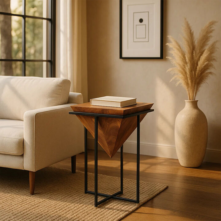 26 Inch Pyramid Shape Wooden Side Table With Cross Metal Base, Brown and Black