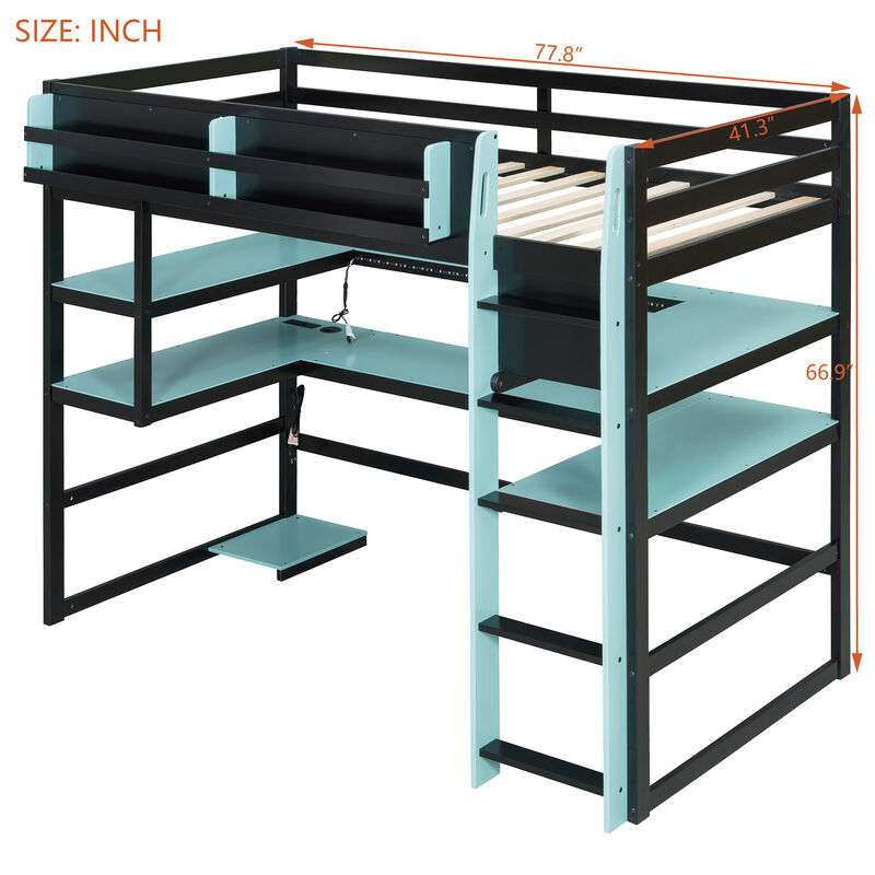 Merax Gaming Wood Loft Bed with RGB LED, USB Ports & Storage Rack image number 3