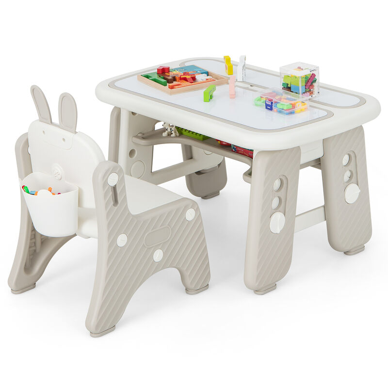 Kids Table and Chair Set with Flip-Top Bookshelf-Grey