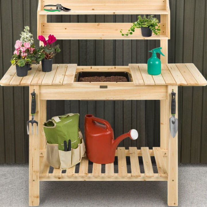 QuikFurn Outdoor Garden Wood Potting Bench Expandable Top with Food Grade Plastic Sink