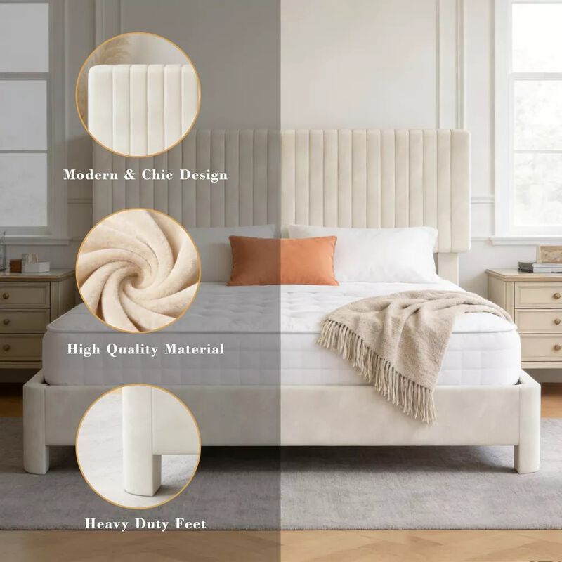 Vipbear Beige Velvet Upholstered Platform Bed Frame with Headboard, Wood Slat Support, Easy Assembly image number 5