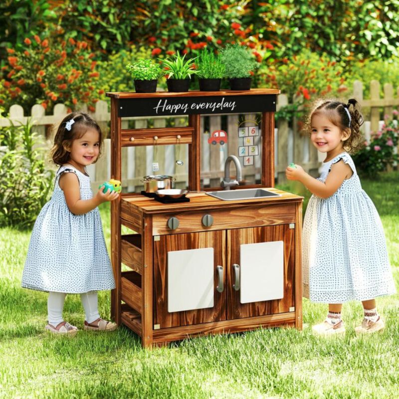 Hivvago Mud Kitchen Fir Wood Play Kitchen with 4 Panting Pots Faucet Removable Sink