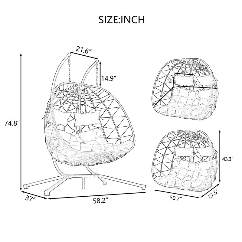 WOW PIONEER 2 Person Indoor Outdoor Hanging Egg Swing Chair with Stand Wicker Patio Hanging Basket Chair image number 2