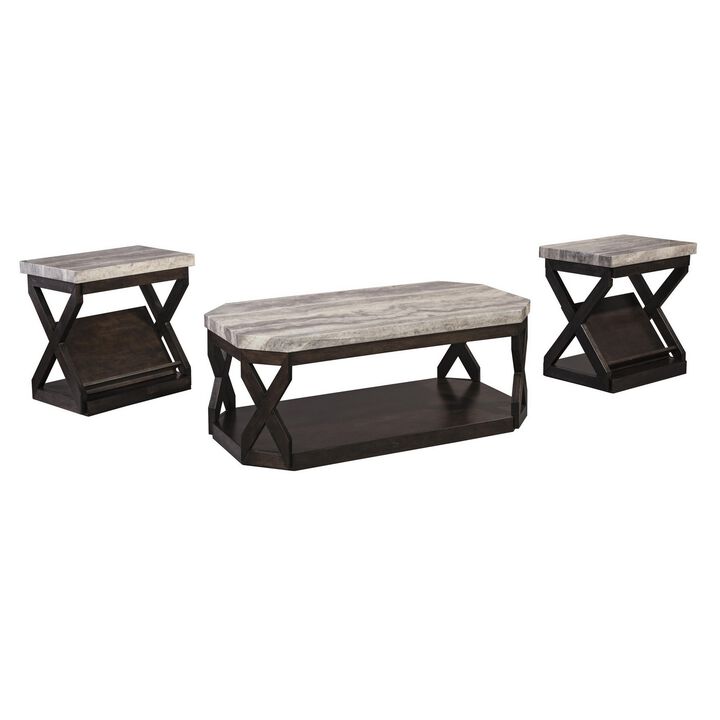 Faux Marble Table Set with 1 Coffee Table and 2 End Tables, Gray and Brown-Benzara