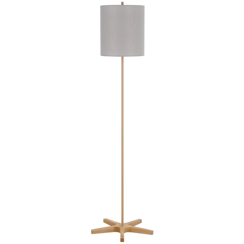 Plue 62 Inch Floor Lamp, Brown Pole w Star Wood Base, White Shade - Benzara