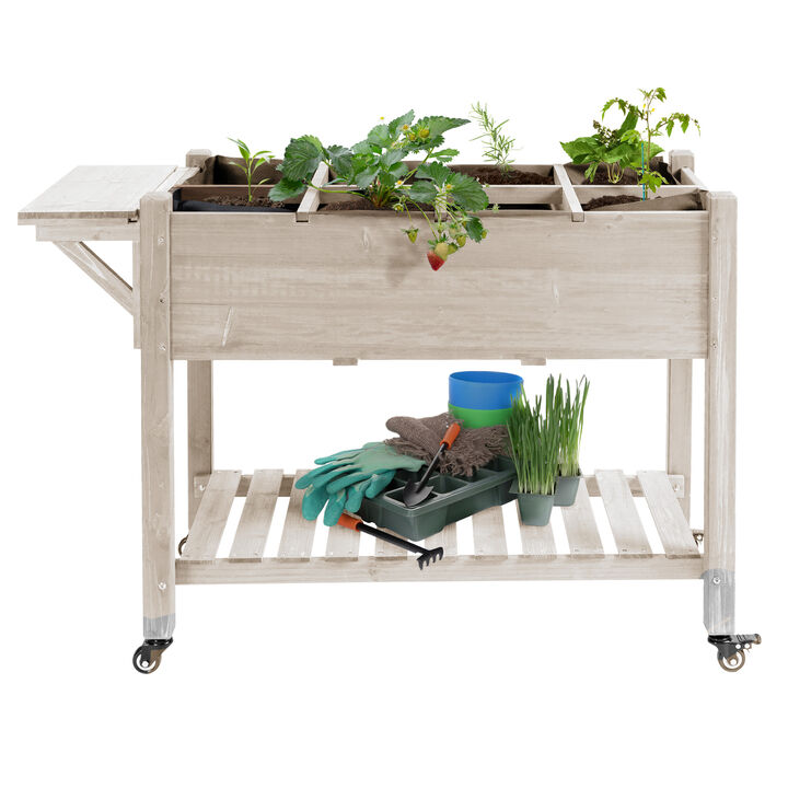 Outsunny Raised Garden Bed with 8 Grow Grids, Wooden Outdoor Plant Box Stand with Folding Side Table and Wheels, 49" x 21" x 34",  for Vegetables, Flowers, Herbs, Natural