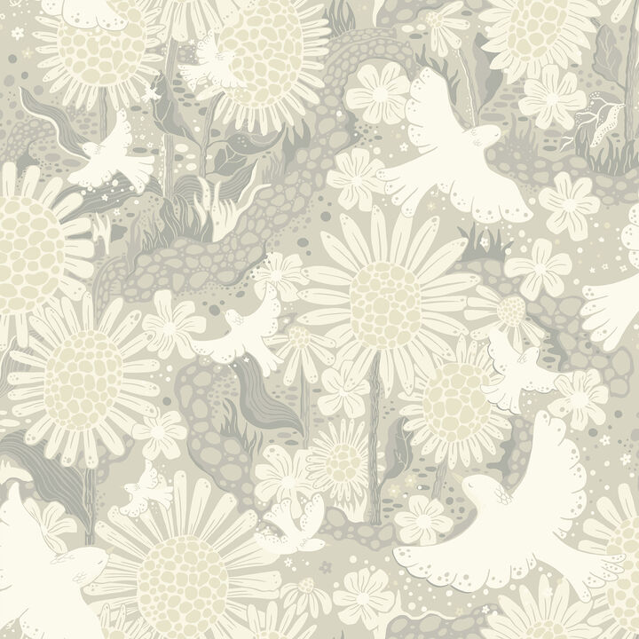 Dr&Atilde;&para;mma Light Grey Songbirds and Sunflowers Wallpaper