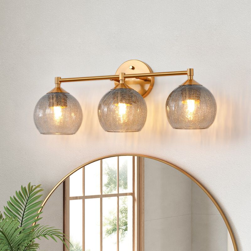 Gold Bathroom Vanity Light, Three-Light Gray Crackle Glass Shades image number 3