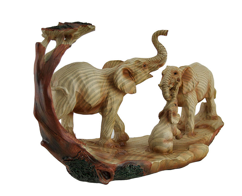 Elephant Family Safari Carved Wood Look Decorative Statue image number 1