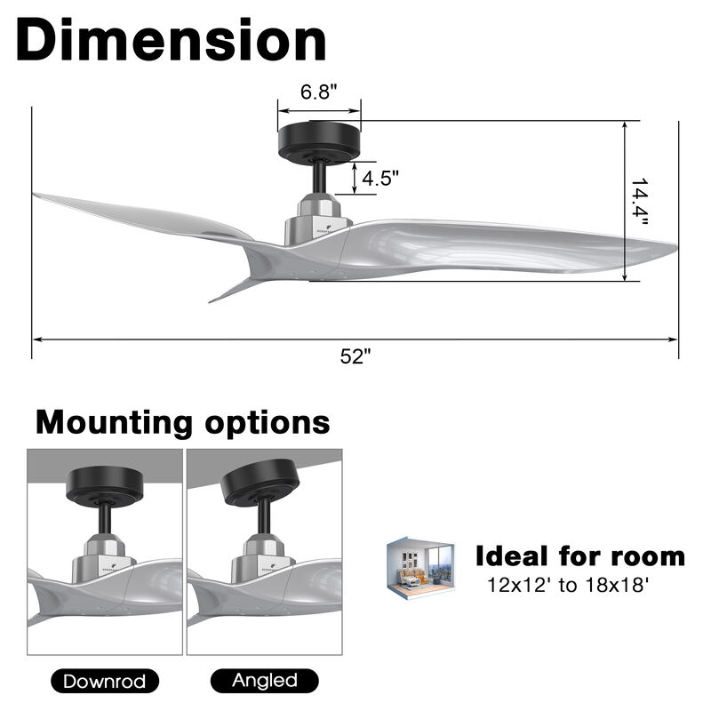52 in. Silver Reversible 6-Speed Ceiling Fan with Remote without Light
