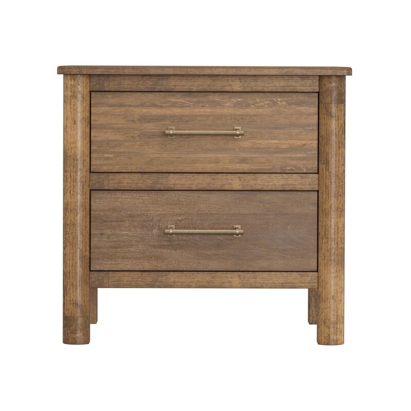 Olum 28 Inch Nightstand, 2 Drawers, Metal Handles, Solid Mango Wood, Brown image number 2