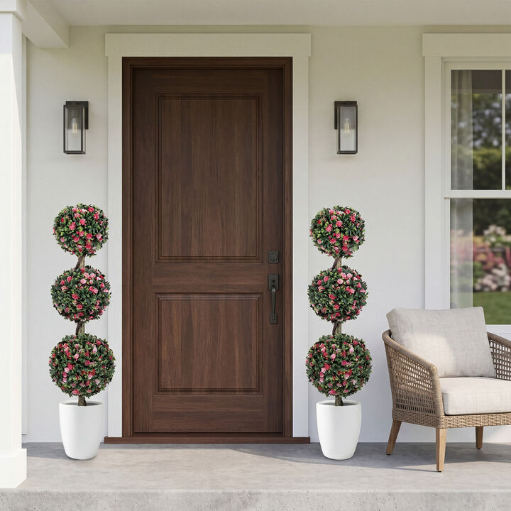 Set of 2 Decorative Triple Ball Rose Topiary Trees 43.5 Inch Indoor Outdoor
