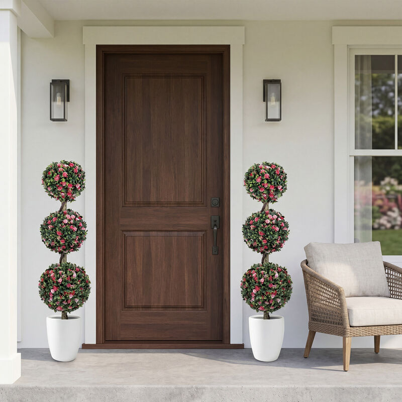 Set of 2 Decorative Triple Ball Rose Topiary Trees 43.5 Inch Indoor Outdoor image number 1