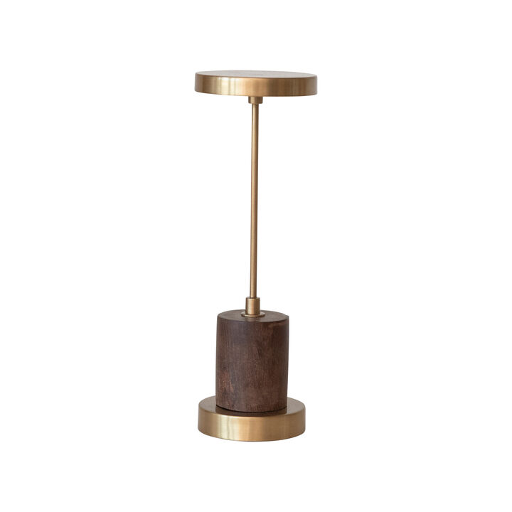 Metal and Mango Wood LED Table Lamp with Touch Sensor in Antique Brass Finish, Gold