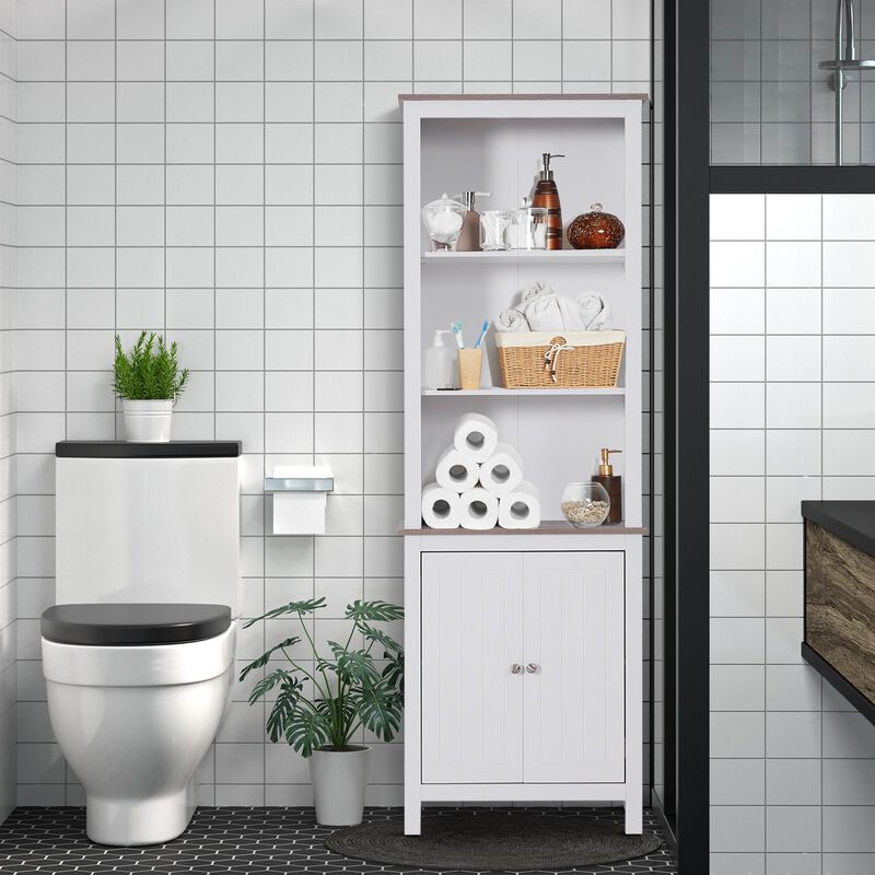 Slim White Storage: Space-Saving Bathroom Cabinet with Wood-Like Top