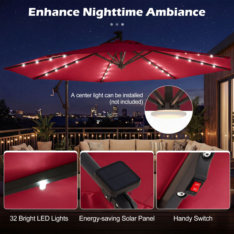 10 FT Solar LED Offset Cantilever Patio Umbrella Hanging Outdoor Market Umbrella image number 6