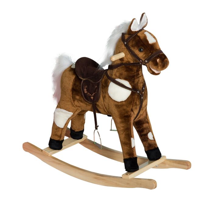 Kids Metal Plush Ride-On Rocking Horse Chair Toy with Nursery Rhyme Music - Dark Brown