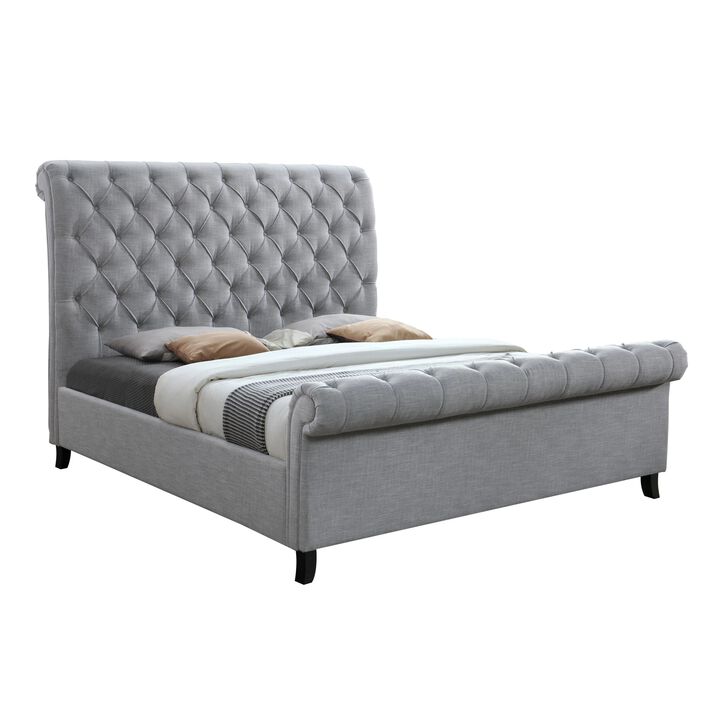 Magnolia King Size Bed, Tufted Upholstered Rolled Top Headboard, Gray - Benzara